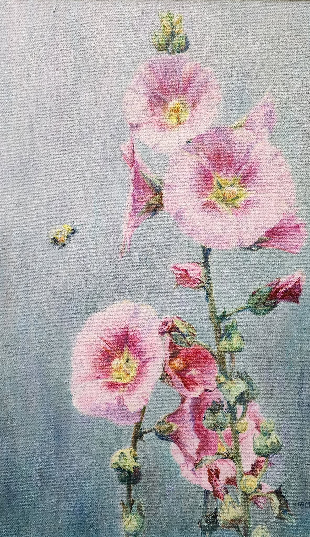 Beeline to Hollyhocks — a painting of pink hollyhock flowers with a bee, on a soft blue-grey background