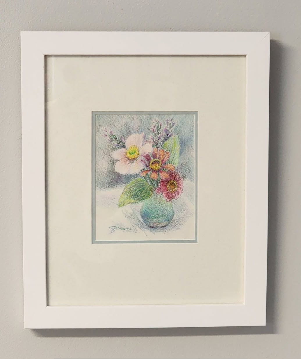 Japanese Anemone, Zinnias, and Lavender — a coloured pencil floral still life in a white frame